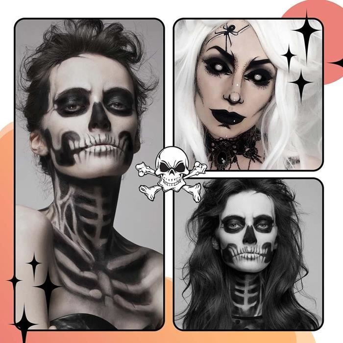 Maquillage Halloween -Kit de Peinture Corps Visage Noir + Blanc, Trousse de  Maquillage Cosplay, Enfants Adultes fête crâne de Clown