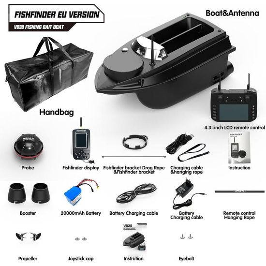 RjcdOPL Bateau d'appâts, Bateau Amorceur Télécommandé 500M, 3 Bacs de Leurres, Charge 2kg, Croisière Automatique, Batterie 5200mAh, Idéal pour Pêche