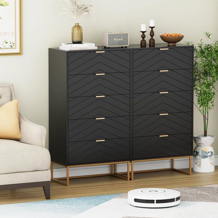 UEV Commode 4 Tiroirs 60cm - Armoire Rangement Motif Vagues, Bois Naturel Pour Chambre Salon