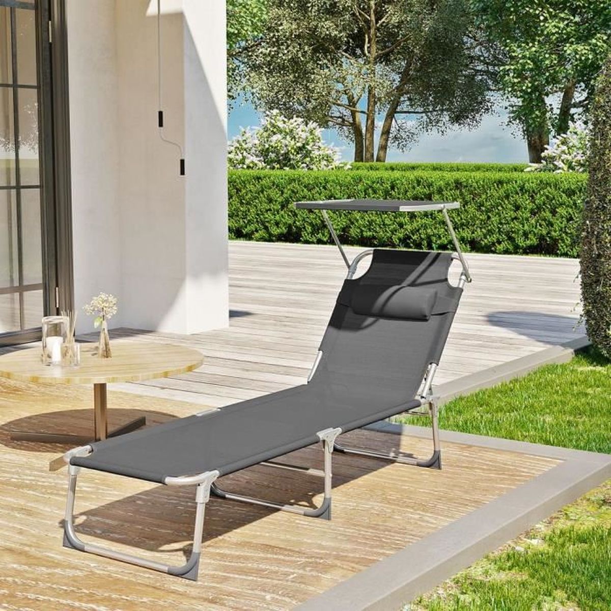 2 Chaises Longues Pliables Hawaii Anthracite - Transat Avec Pare-Soleil - 150kg Charge
