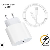 Chargeur iPhone Rapide 20W compatible iPhone + câble 1m USB C vers Lightning | Aginji® Store France