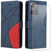 Verre trempé+Coque Pour Xiaomi Redmi Note 12 4G Case, Cuir PU Portefeuille Housse Magnétique und Protection,Fentes (Bleu et rouge)