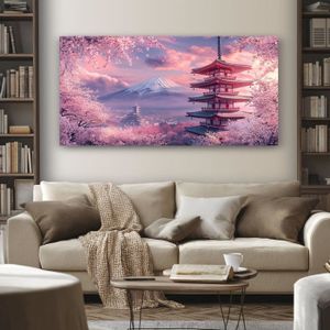 Tableau Déco Moderne Japonais - Fleurs De Cerisier Paysage - 5 Pièces Toile Prêt à Accrocher - Couleur Rose Style Contemporain