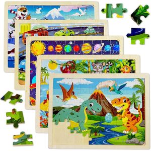 Kulveanju Puzzle En Bois Pour 3 4 5 Ans – 5×30 Pièces Montessori, Thèmes Dinosaures/animaux/espace, Jeu éducatif
