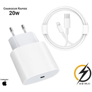 CHARGEUR TÉLÉPHONE Chargeur iPhone Rapide 20W compatible iPhone + câble 1m USB C vers Lightning | Aginji® Store France