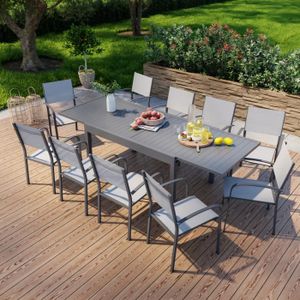 Ensemble table et chaise de jardin Table de jardin extensible en aluminium 270cm + 10 fauteuils empilables textilène anthracite gris - MILO 10