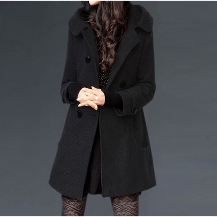 Caban Femmes Casual moyen et long double boutonnage Veste à capuchon épais  manteau @Noir Noir - Cdiscount Prêt-à-Porter