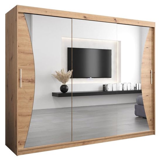 Armoire Marbella 2 Avec Miroir - Dimensions 200x202x52 Cm, Corps Noir, Poignées Cachemire, Rangement Moderne Pour Salon - 9