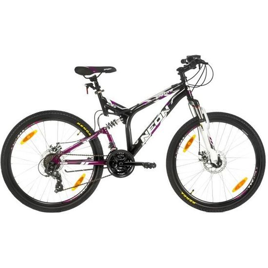 Vélo VTT 26'' Femme - Cadre Tout Suspendu - Double freins à disques - 21 Vit. - Poignée à Gâchettes & dérailleur Shimano