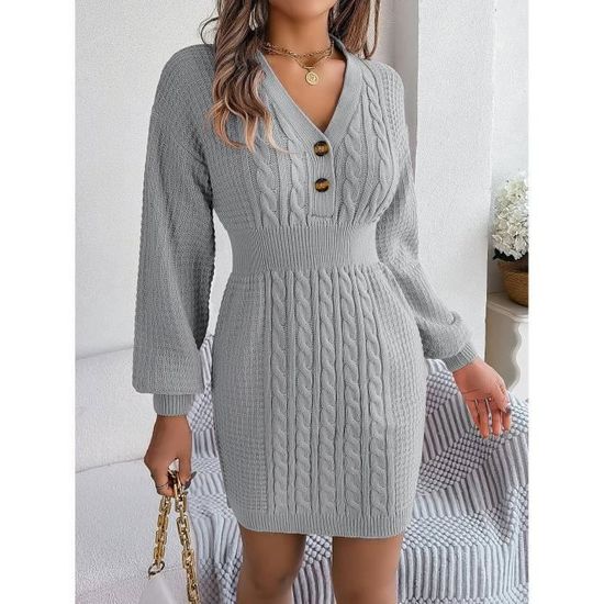Robe D'automne-hiver Femme En Velours Côtelé - Manches Longues, Col V, Poches Et Volant, Longueur Genou, élégante Et Confortable - 1