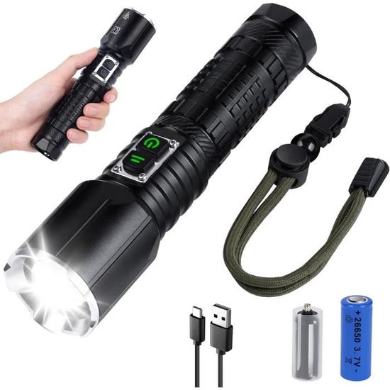 Lampe Torche LED Ultra Puissante, 10000 Lumens Lampe Torche Rechargeable, Lampe Tactique, 5 Modes USB Torche, IPX5 Étanche, Zoomable Antichoc | Leroy Merlin