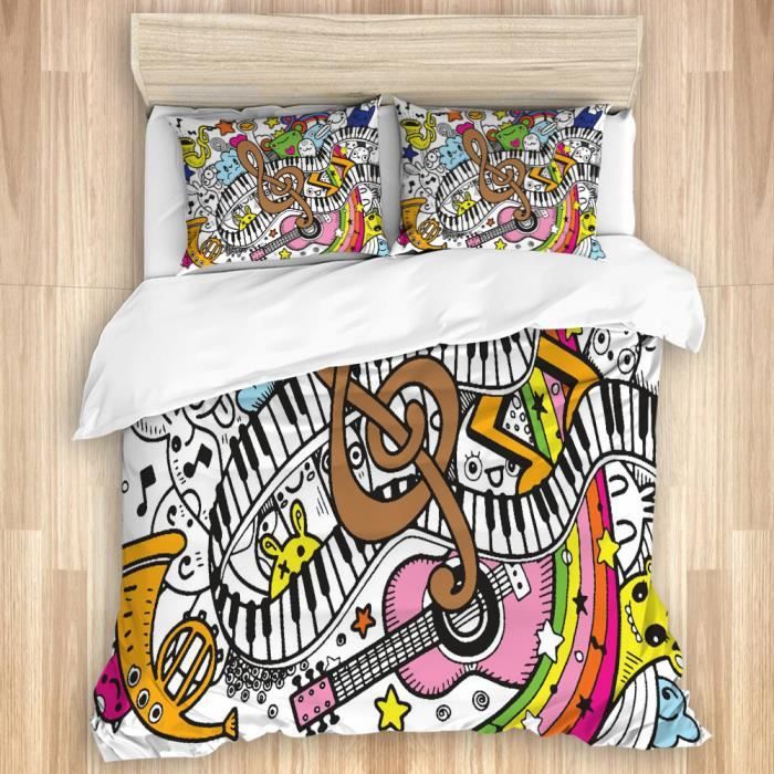 Parure de couette impression dart de motif de notes de musique 1 Housse de Couette 140x200cm 2 Taies dOreillers 50x75cm