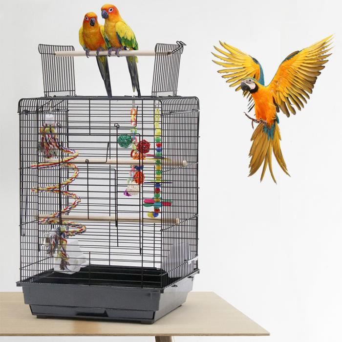 Cage pour Oiseaux Volière de Perroquet Canaries Perruche Canaris avec 2 mangeoires, 3 perchoirs Noir