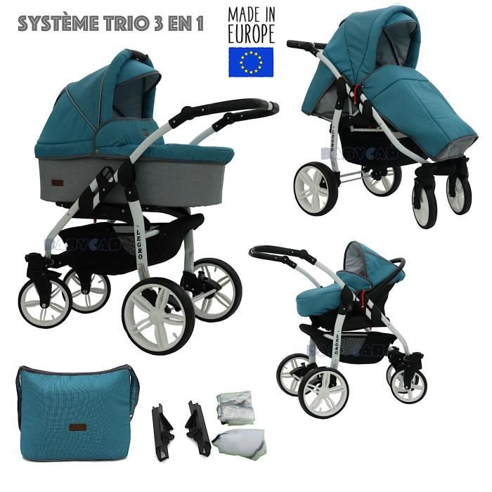 Gris-Bleu LEGRO Trio Poussette - Landau 3en1 Combinée avec siège auto, ROUES PIVOTANTES LB17