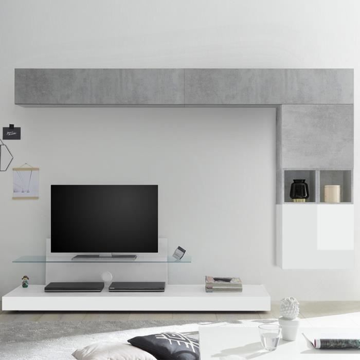 Ensemble meuble TV blanc laqué et gris LUCANO Blanc L 275 x P 50 x H 190 cm