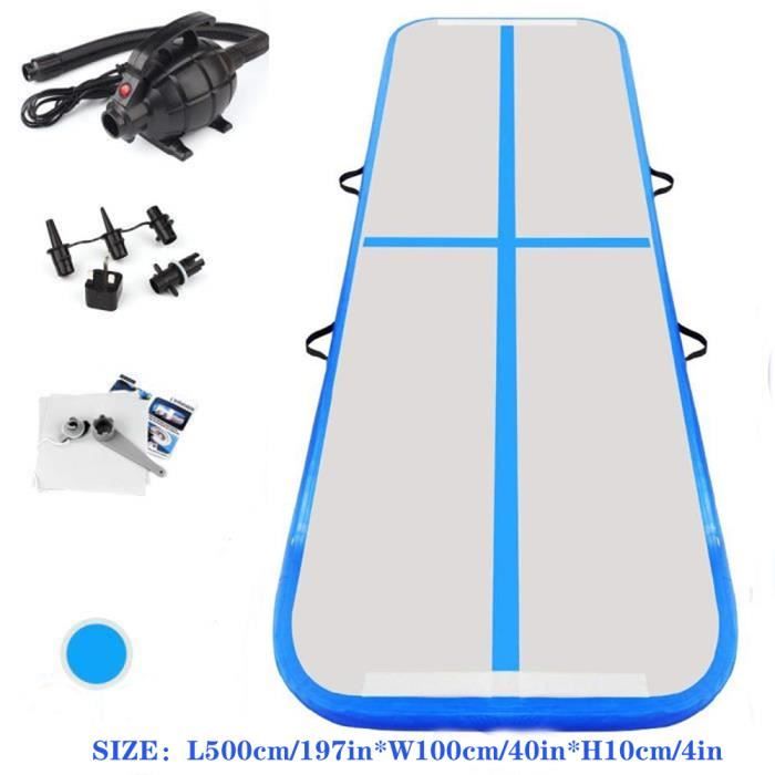 Airtrack Gymnastique 10cm Epaisseur, Tapis d'Entraînement 5M, Tapis Gonflable de Gymnase avec Pompe Electrique pour Gymnast - Bleu