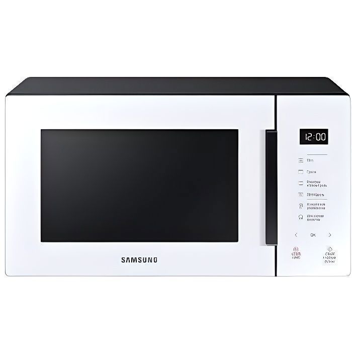 Samsung MG23T5018AW Four micro-ondes, 23 litres, 1100 W, cuisson automatique et home Dessert, verre design, blanc