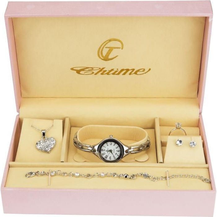 Coffret cadeau Montre Femme Argent- Parure de Bijoux- Collier-Bague- Boucles d'oreilles - Bracelet