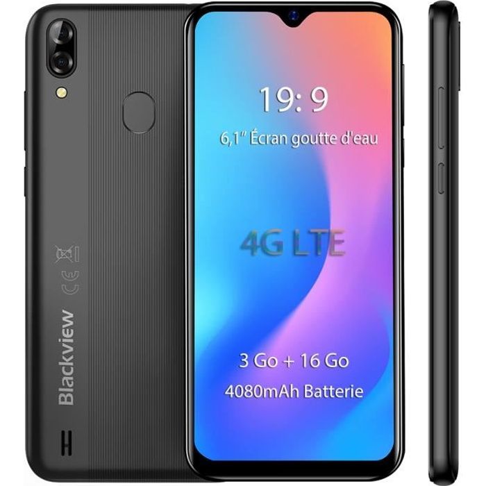 Smartphone 4G Blackview A60 Pro 6.1'' Écran goutte d'eau 3Go Ram 16Go Rom Android 9.0 Téléphone portable Débloqué - Noir