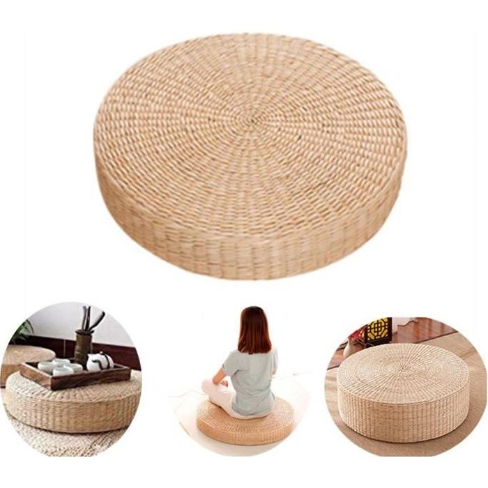 Futon Paille, Coussin de Sol Coussin Rond Pouf Rotin Faite à la Main Paille Tissé Tapis de Yoga Décoration pour Salon de Jardin