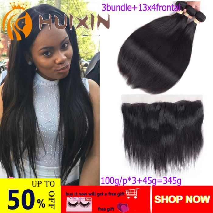 3 lots 141414- vierges cheveux humain brésiliens couleur naturelle 100g-lot avce 13x4 lace frontal 12pouces
