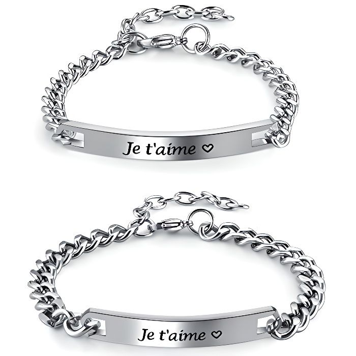 Jovivi 2PCS Bracelet Couple Amoureux Acier Inoxydable Poli ID avec Gravé Je t'aime Gourmette Lien Poignet Curb Chaîne de Main Argent