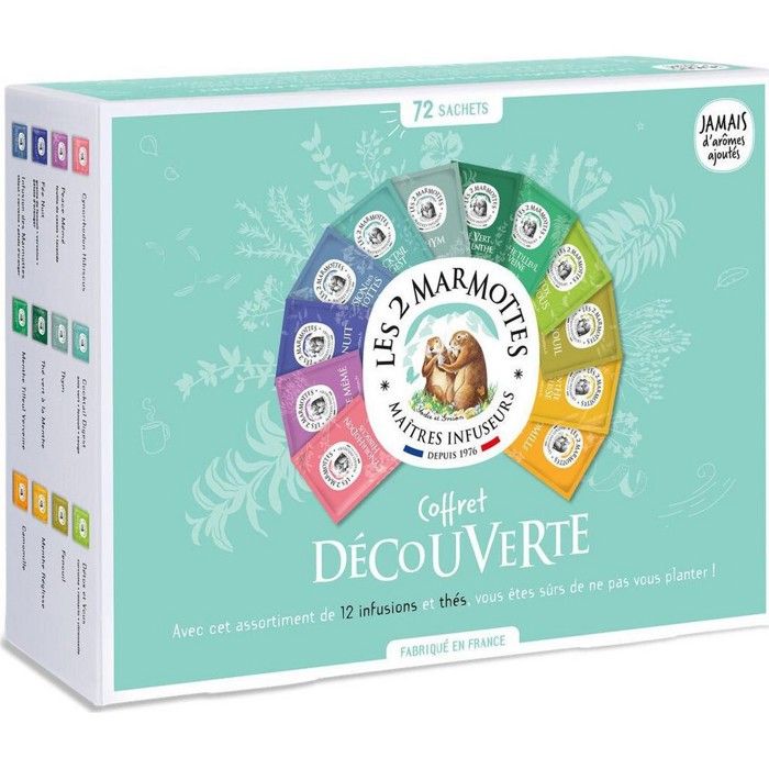 Les 2 Marmottes - Coffret -Découverte- - dégustation Infusions & Thés 72 Sachets - Made In France - Jamais d'arômes ajoutés