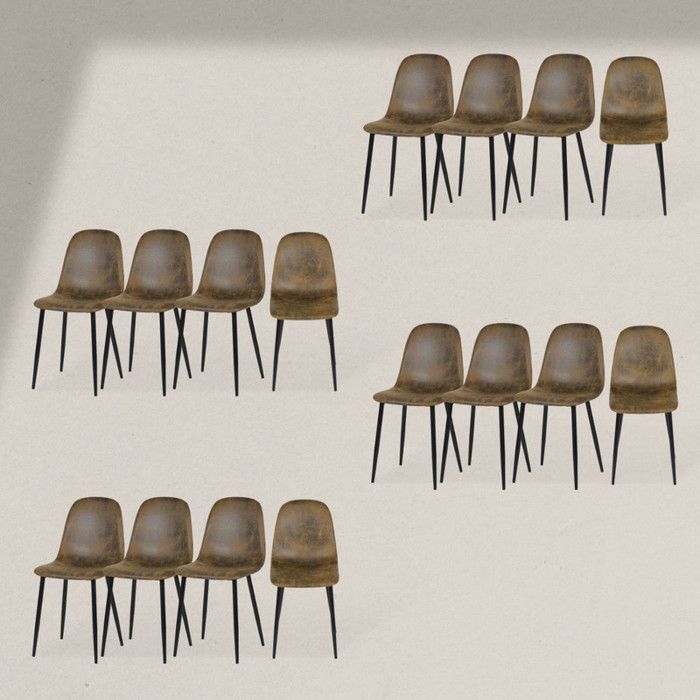 furniturer lot de 16 chaises de salle à manger en simili suede scandinave vintage rétro pour cuisine, salle à manger, salon, marron