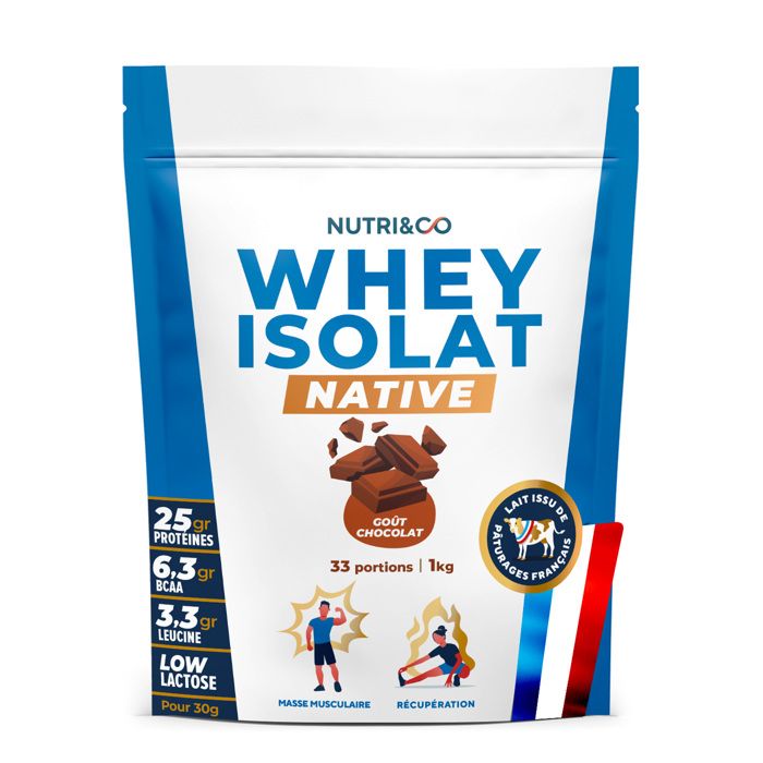 Protéine Whey Isolate Native|Jusqu’à 94% de Protéines|Pur Lait Français Low Lactose|1kg 33 portions goût Chocolat|Nutri&Co