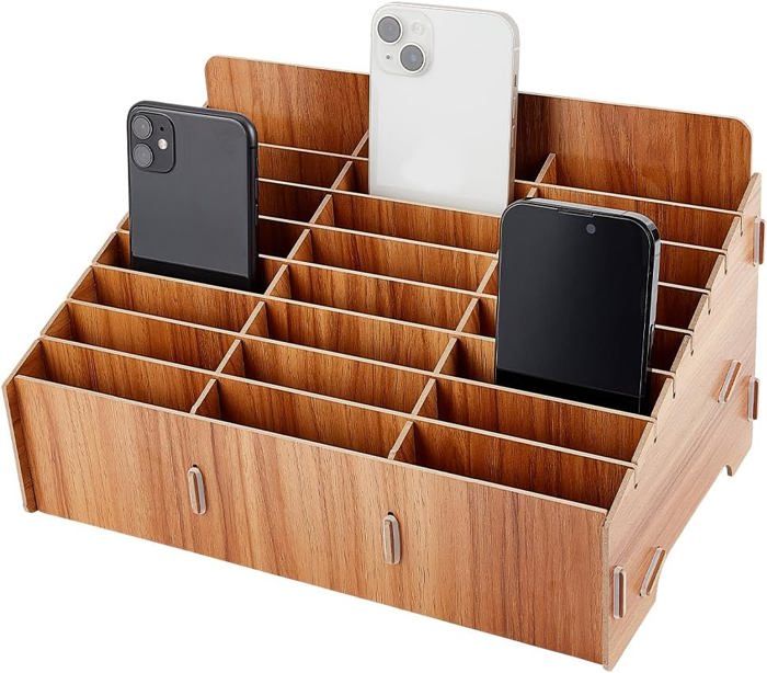 Boîte De Rangement En Bois à 12 Compartiments - Organisateur Téléphone Bureau (21x15x9cm, Beige)