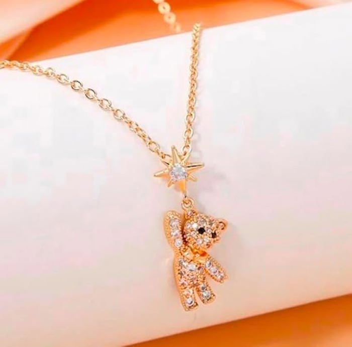 Collier Fantaisie Doré Avec 3 Oursons Et Strass - Longueur 23cm - Occasion Comme Neuf