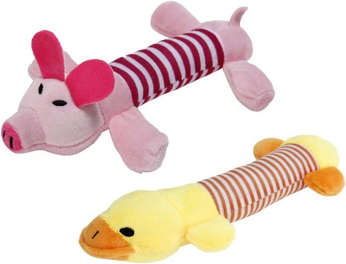 Lot de 2 Jouets Sonores en Peluche pour Chiens, Non Farcies en Forme Cochon et Canard Jouets à Macher à Couinement pour Chiens
