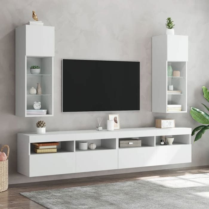Meuble TV - Banc TV - Table TV - avec lumières LED - Blanc - 305x30x90 cm - T297