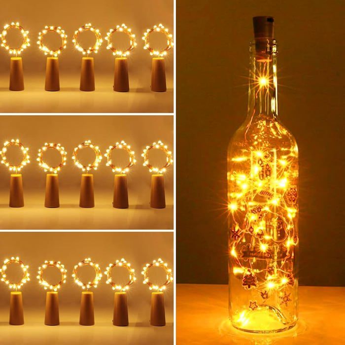 15 pièces LED Bouteille Lumières LED Bouteille Guirlande 2m 20 LED Lampes de Bouteille Lumière Fil en Cuivre Décoration Blanc Chaud
