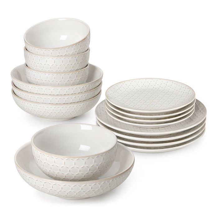 MALACASA LYDIA 16 pièces Service de Table en Porcelaine Terre Cuite émaillée Assiettes et Bols - Motif Nid dabeille Blanc
