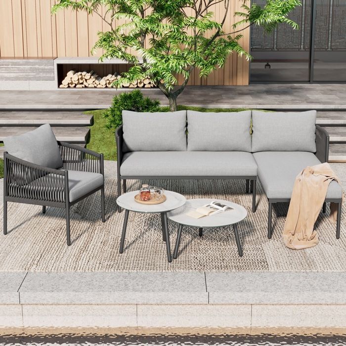 Salon De Jardin 5 Pièces En Rotin Synthétique - Canapé 3 Places, 2 Fauteuils, 2 Tables Basses, Couleur Gris, Résistant Aux Intempéries