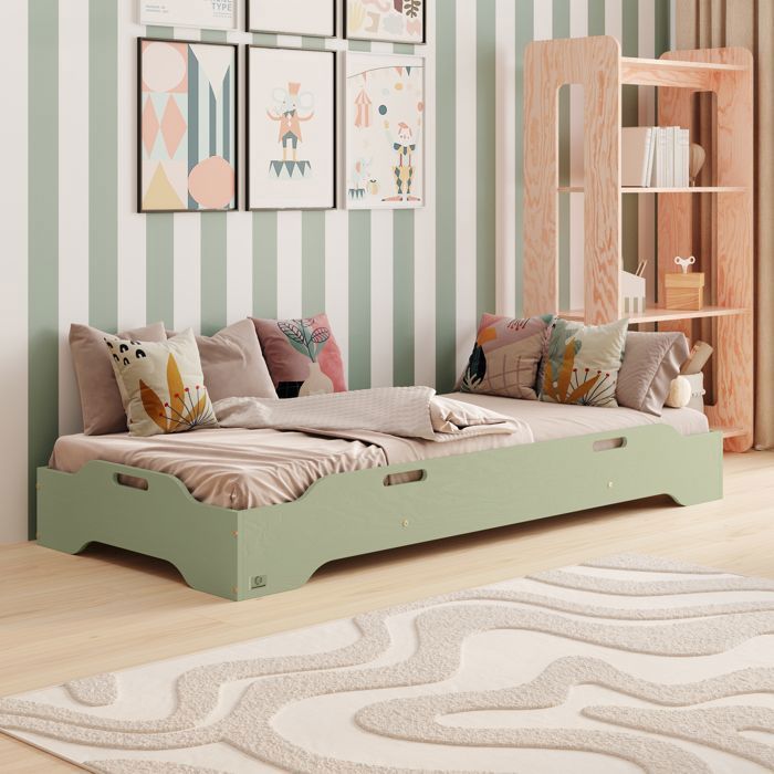 Lit enfant VERT 80×160 Lit simple TILA 8 Lit au sol Lit Montessori Lit écologique Lit en bois Expédition Rapide