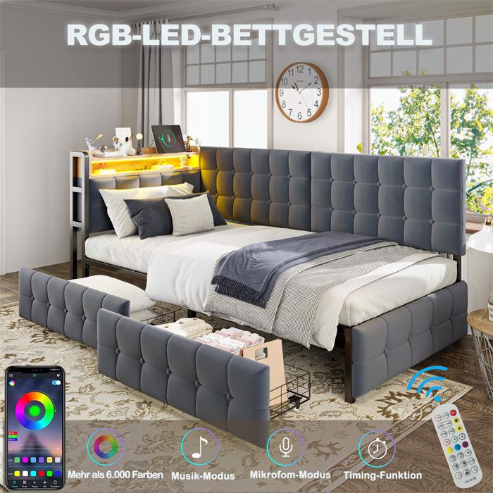 Lit Banquette 1 Place avec 2 Tiroirs et Éclairage LED Lit 90x200 Rembourré pour Enfant Adulte Ado avec Port USB-C Lit Simple Gris
