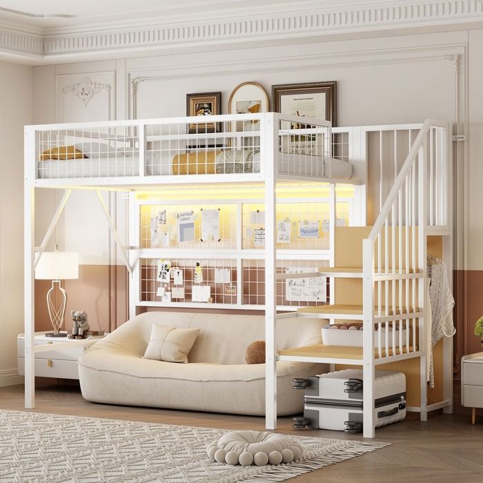Lit mezzanine en fer 90x200 cm Lit enfant Lit simple avec bande LED escalier de rangement armoire et sommier à lattes - blanc