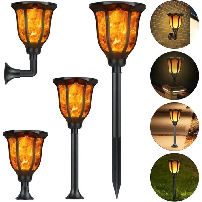 Lampe solaire torche effet flamme IP65 – LED blanc chaud à planter ou fixer autonomie >8h
