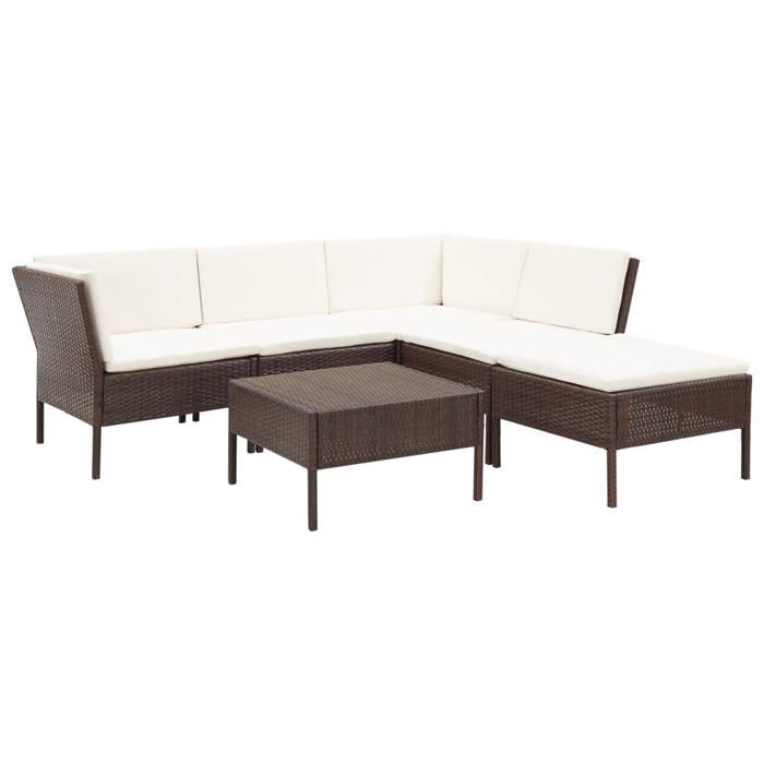 Salon de jardin en résine tressée - BURKE - 6 pièces - Coussins blanc crème - Résine tressée - Cadre en acier