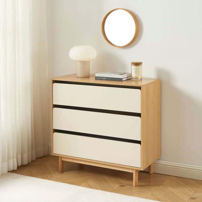 Commode THALIA 3 tiroirs beige et effet chêne 90cm Commode THALIA 3 tiroirs beige et effet chêne 90cm