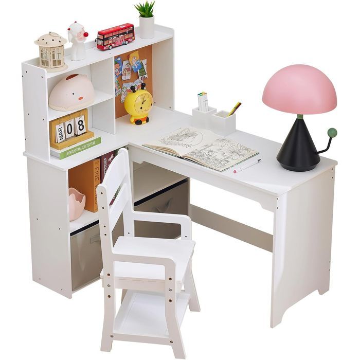 Ensemble bureau et chaise pour enfant - TOYS S- 3 à 8 ans -chaise Hauteur réglable- compartiments et étagères ouverts - blanc