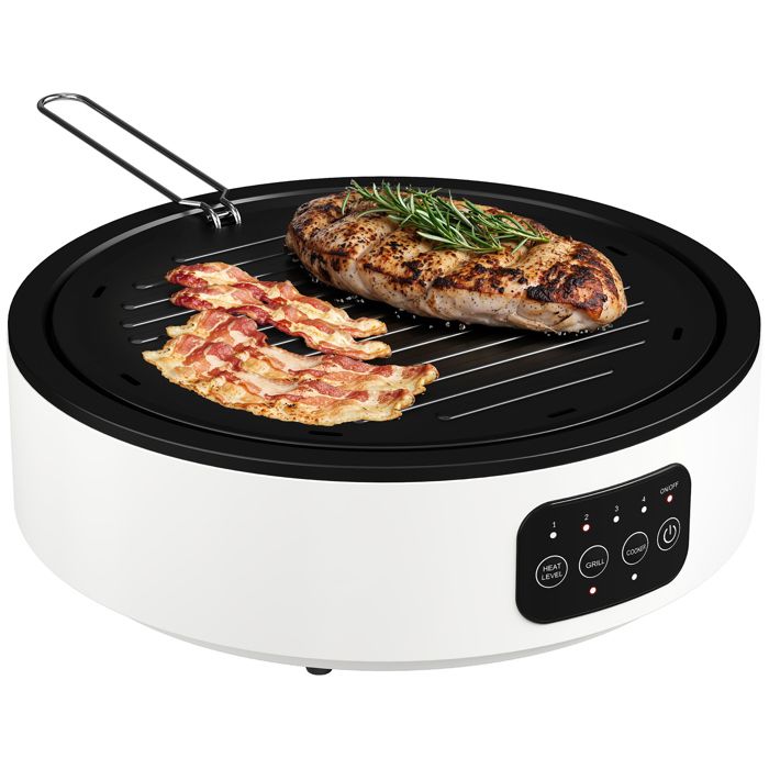 Plaque de cuisson et de barbecue 2 en 1 - HOMCOM - céramique - 4 niveaux puissance chauffage infrarouge - 34x36x10cm - blanc