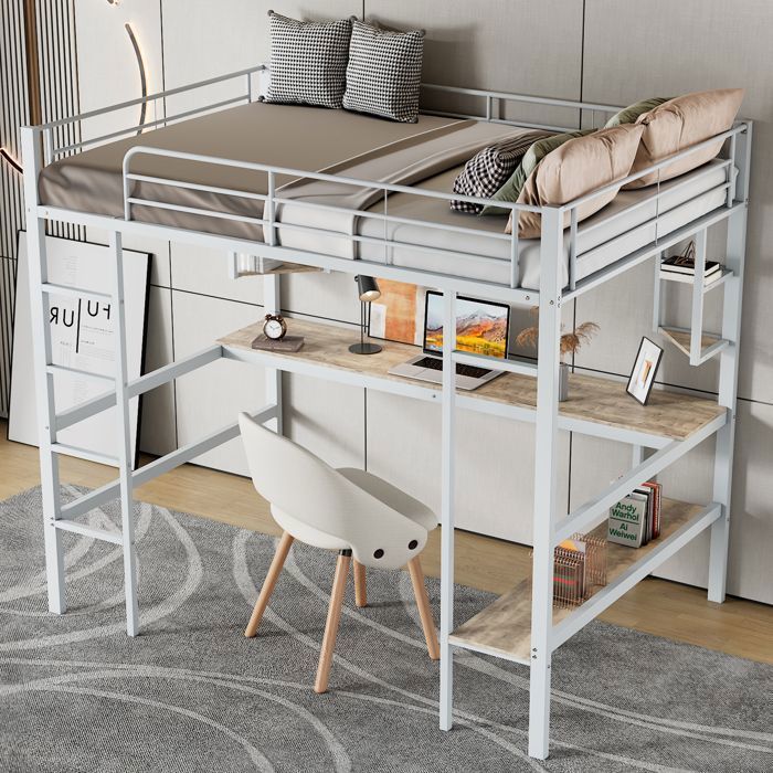 MERAX Lit Mezzanine - Structure Métal Blanche - avec Bureau et Bibliothèque intégrés - 90x200 cm