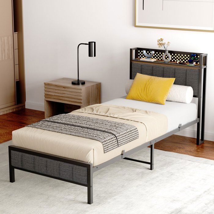 Structure de lit 90x200 cm-FloraGrace+Tete de lit avec ports de charge USB et etagere Rangement sous lit 27 cm-Noir