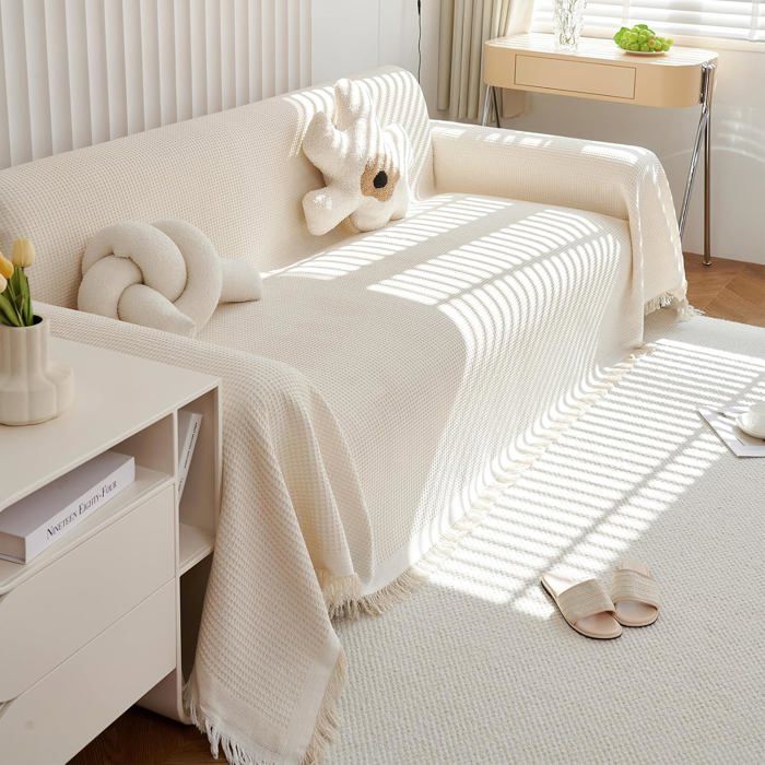 Grand plaid gaufré blanc crème avec franges délicates lavable 180x230 cm protège-canapé Label