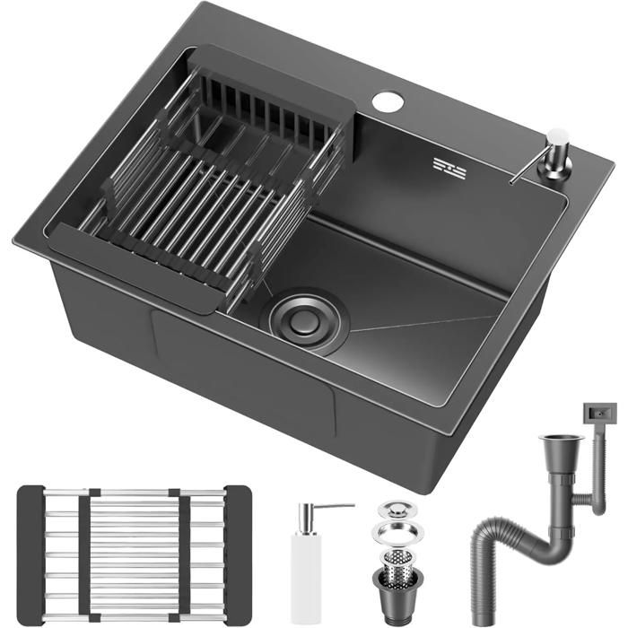 Évier Cuisine 1 Bac 55 x 43 cm Inox avec Filtre de Vidange Évier à Poser avec Trous pour Robinets