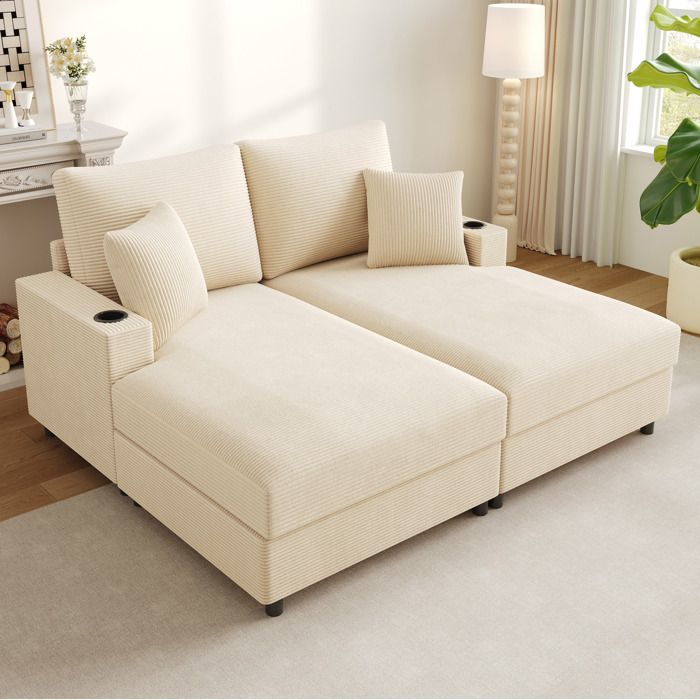 Maisentiel Canapé convertible 2 places beige en velours côtelé ports USB/USB-C porte-gobelets