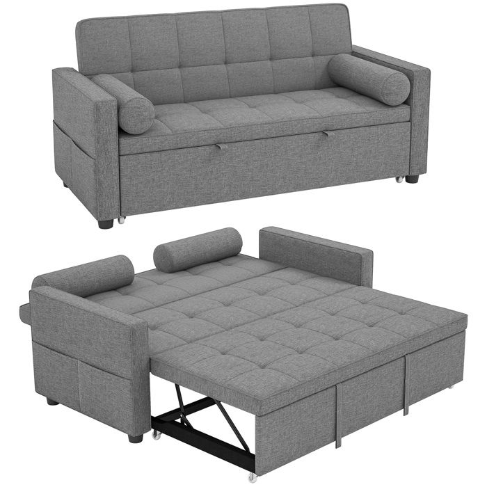 Canapé convertible 2 places - HOMCOM - 3 en 1 - lit gigogne double et dossier réglable - tissu aspect lin - 805x1375x84cm - gris